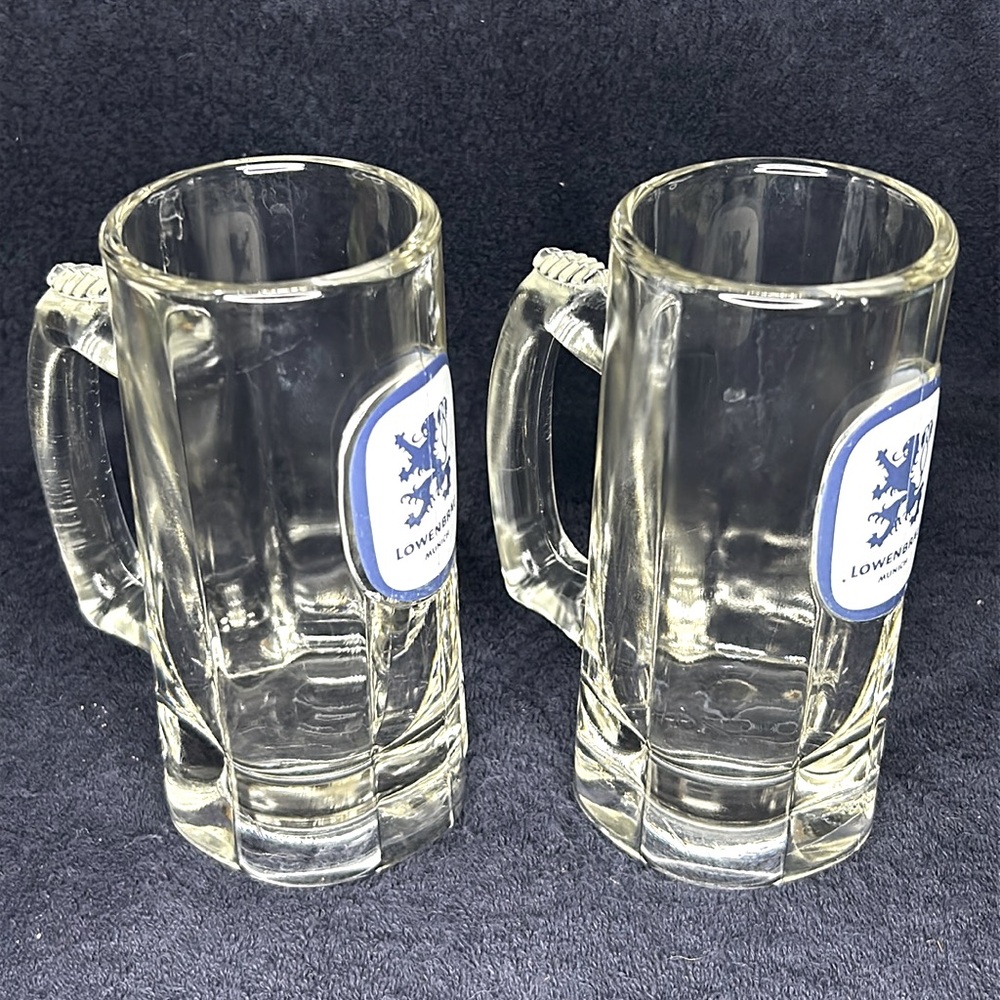 Pair Lowenbrau Munich Beer Mugs. 11 oz. Vintage, Oval Logo. Very Good Condition